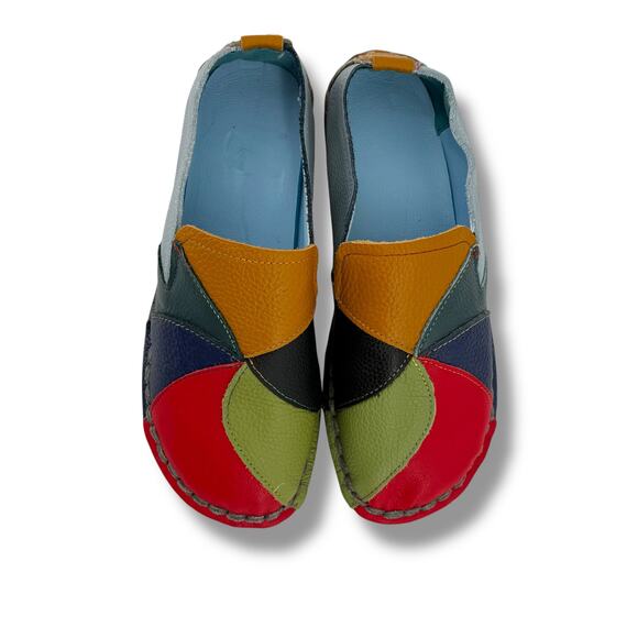 Artsy Pebbled Leather Pinwheel Rainbow Colorful Loafer Shoes Womens Sz 39 8 - Picture 2 of 6